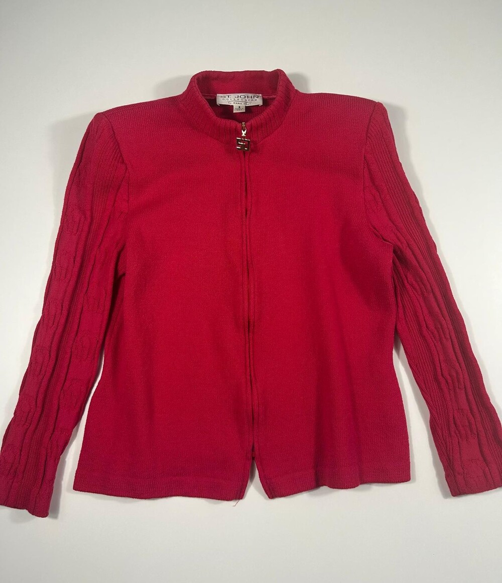 Vintage St. John Collection by Marie Gray Raspberry Pink Santana Knit Zip Cardig - Picture 2 of 7